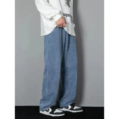 Male Comfort Korean Style Solid Color Loose Straight Wide Leg Casual Denim Long Pants
