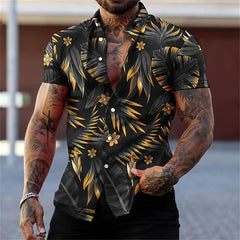 Men's black and gold flower shirts Summer plant print lapel shirt