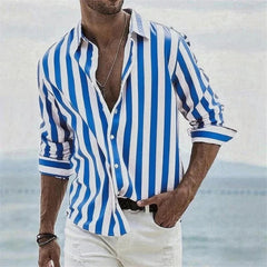 Men's long-sleeved blue striped 3D printed shirt