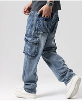 Men Denim Pants Straight Pocket Baggy Casual Streetwear Hip Hop Brand Blue Wide Leg Cargo Trousers