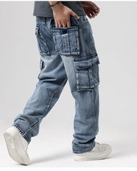 Men Denim Pants Straight Pocket Baggy Casual Streetwear Hip Hop Brand Blue Wide Leg Cargo Trousers