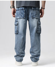 Men Denim Pants Straight Pocket Baggy Casual Streetwear Hip Hop Brand Blue Wide Leg Cargo Trousers