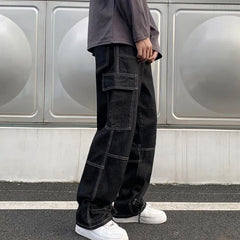 CargMen's Straight Baggy Denim Pants Streetwear Skateboard Pant Neutral Trousers