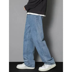 Male Comfort Korean Style Solid Color Loose Straight Wide Leg Casual Denim Long Pants