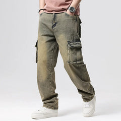 Men Denim Pants Straight Pocket Baggy Casual Streetwear Hip Hop Brand Blue Wide Leg Cargo Trousers