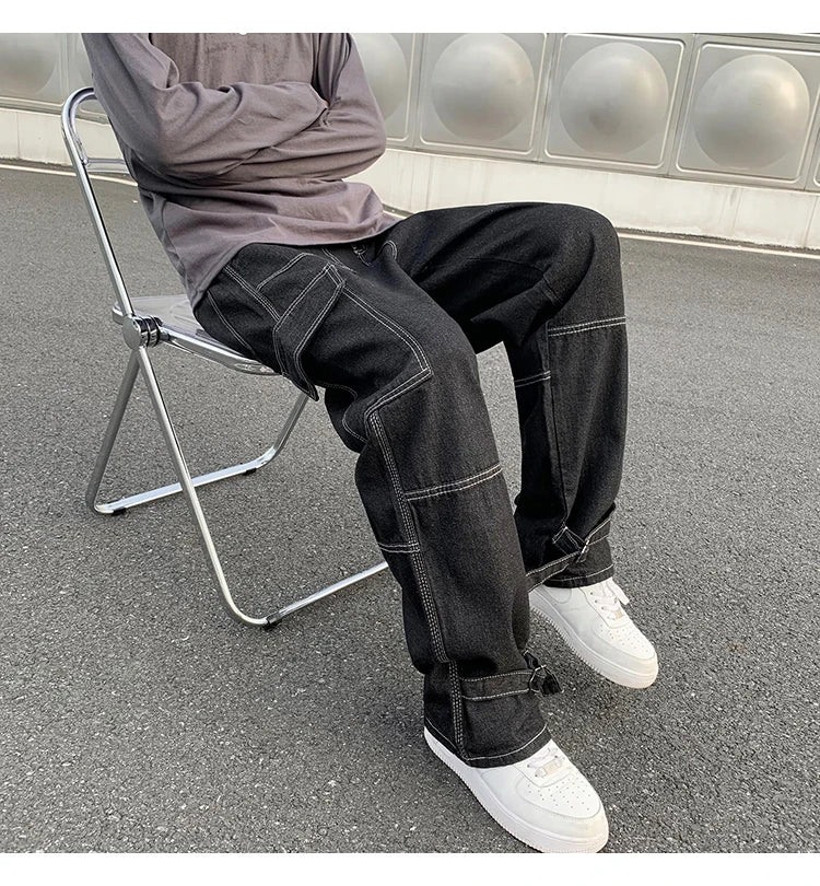 CargMen's Straight Baggy Denim Pants Streetwear Skateboard Pant Neutral Trousers