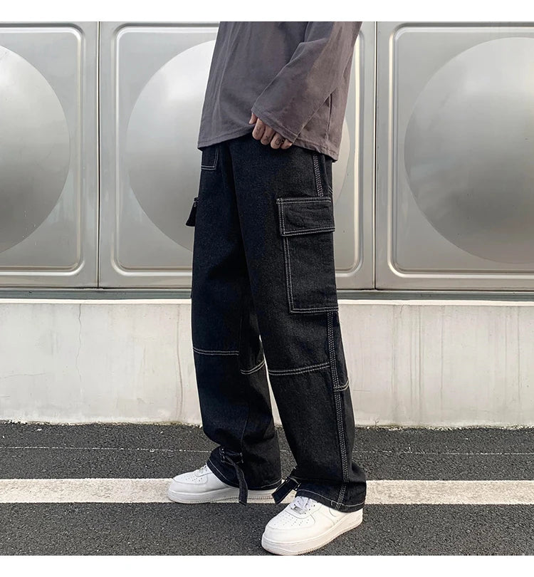 CargMen's Straight Baggy Denim Pants Streetwear Skateboard Pant Neutral Trousers
