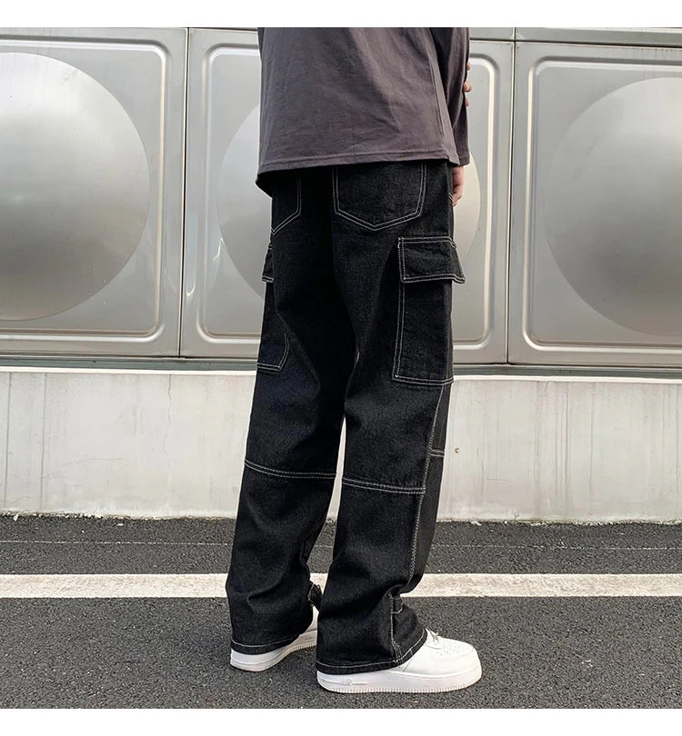 CargMen's Straight Baggy Denim Pants Streetwear Skateboard Pant Neutral Trousers