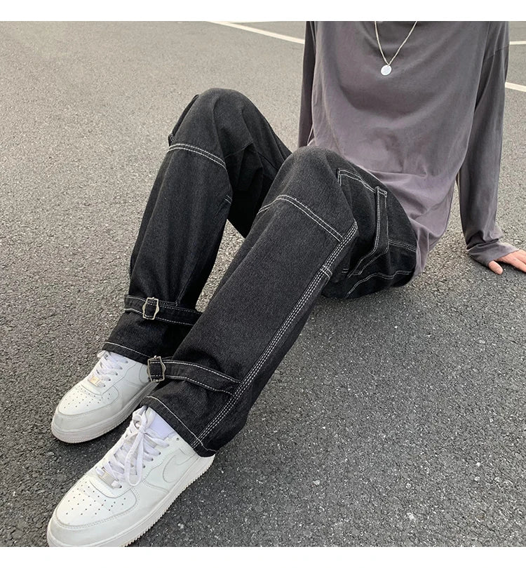 CargMen's Straight Baggy Denim Pants Streetwear Skateboard Pant Neutral Trousers