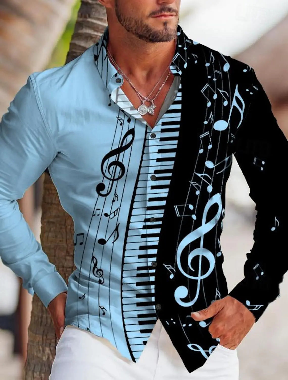 Men's Shirt Graphic Print Music Note Stand Collar