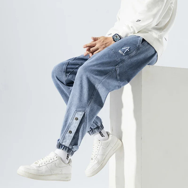 Korean Popular Clothes Jeans Casual Men Loose Fit Stretch Spandex Denim Jogger Pant
