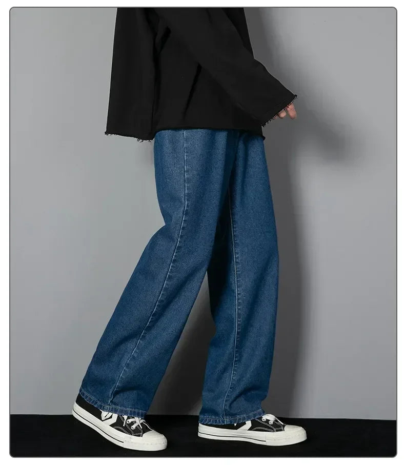 Male Comfort Korean Style Solid Color Loose Straight Wide Leg Casual Denim Long Pants