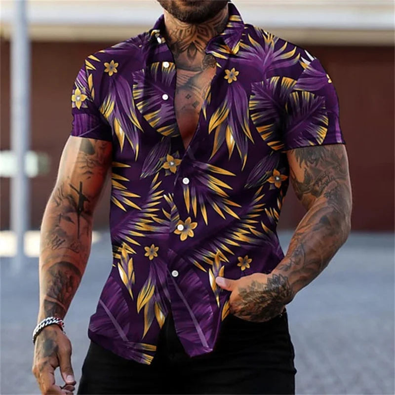 Men's black and gold flower shirts Summer plant print lapel shirt