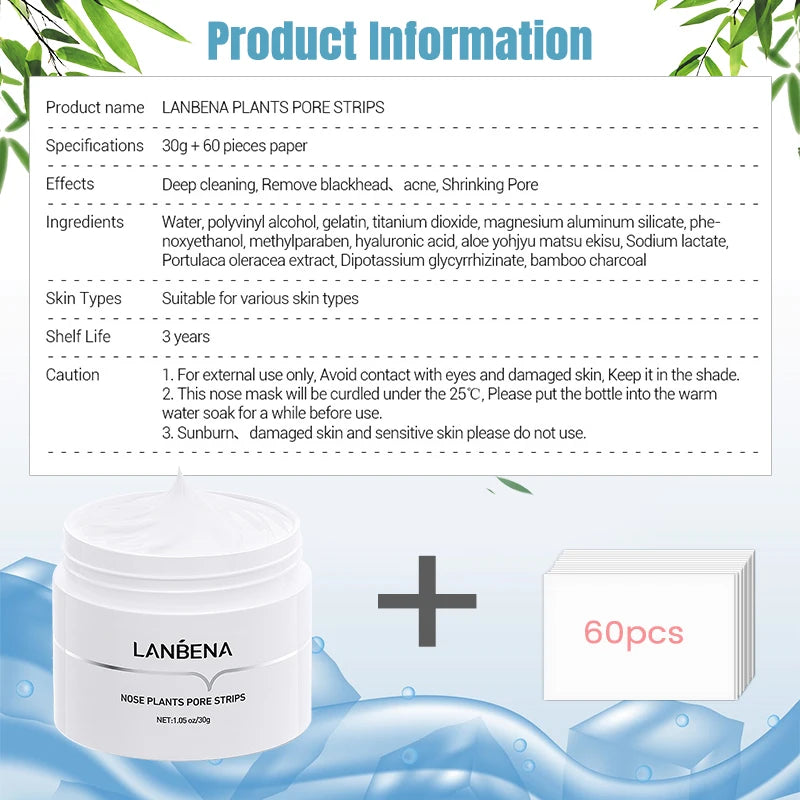 LANBENA Blackhead Remover Peel Off Mask Aloe Vera Extract Oil Control Nose Mask with 60pcs Cleanses for Deep Clean Hydrating