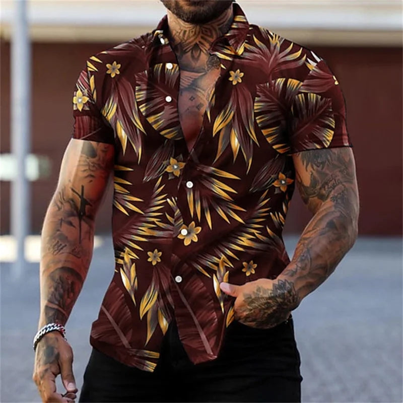 Men's black and gold flower shirts Summer plant print lapel shirt