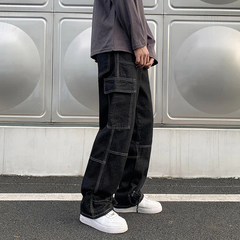 CargMen's Straight Baggy Denim Pants Streetwear Skateboard Pant Neutral Trousers
