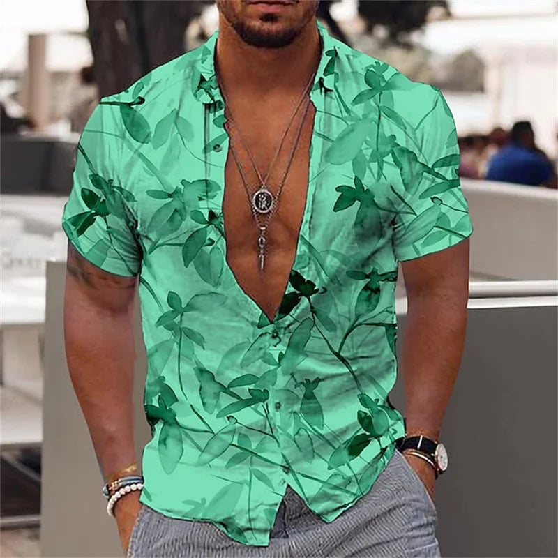 Men's black and gold flower shirts Summer plant print lapel shirt