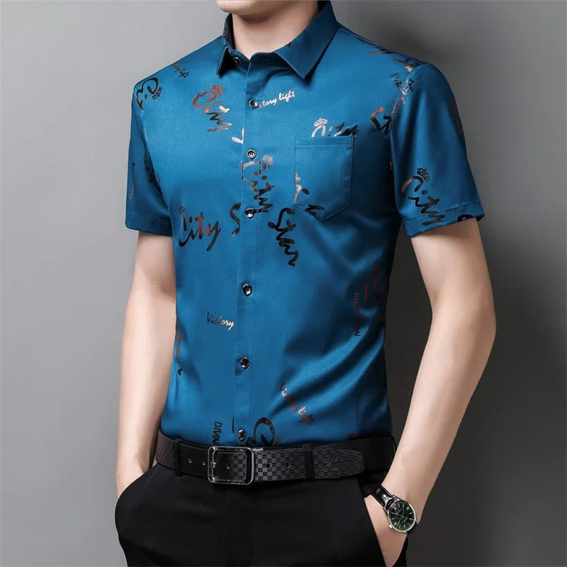 Men's Business Casual Short Sleeved Shirt No Iron and Wrinkle Resistant Top