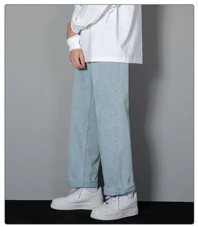 Male Comfort Korean Style Solid Color Loose Straight Wide Leg Casual Denim Long Pants