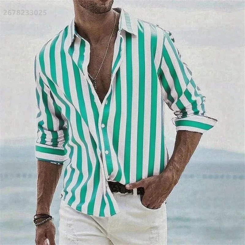 Men's long-sleeved blue striped 3D printed shirt