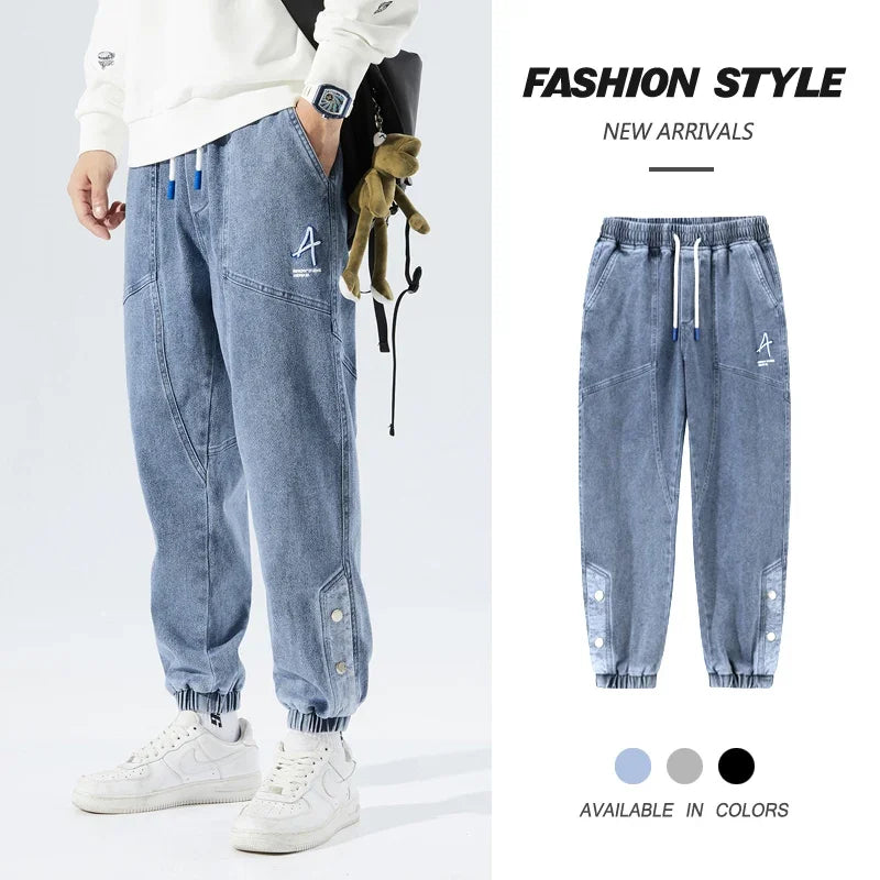 Korean Popular Clothes Jeans Casual Men Loose Fit Stretch Spandex Denim Jogger Pant