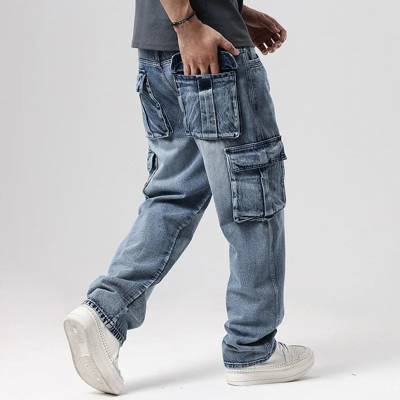 Men Denim Pants Straight Pocket Baggy Casual Streetwear Hip Hop Brand Blue Wide Leg Cargo Trousers