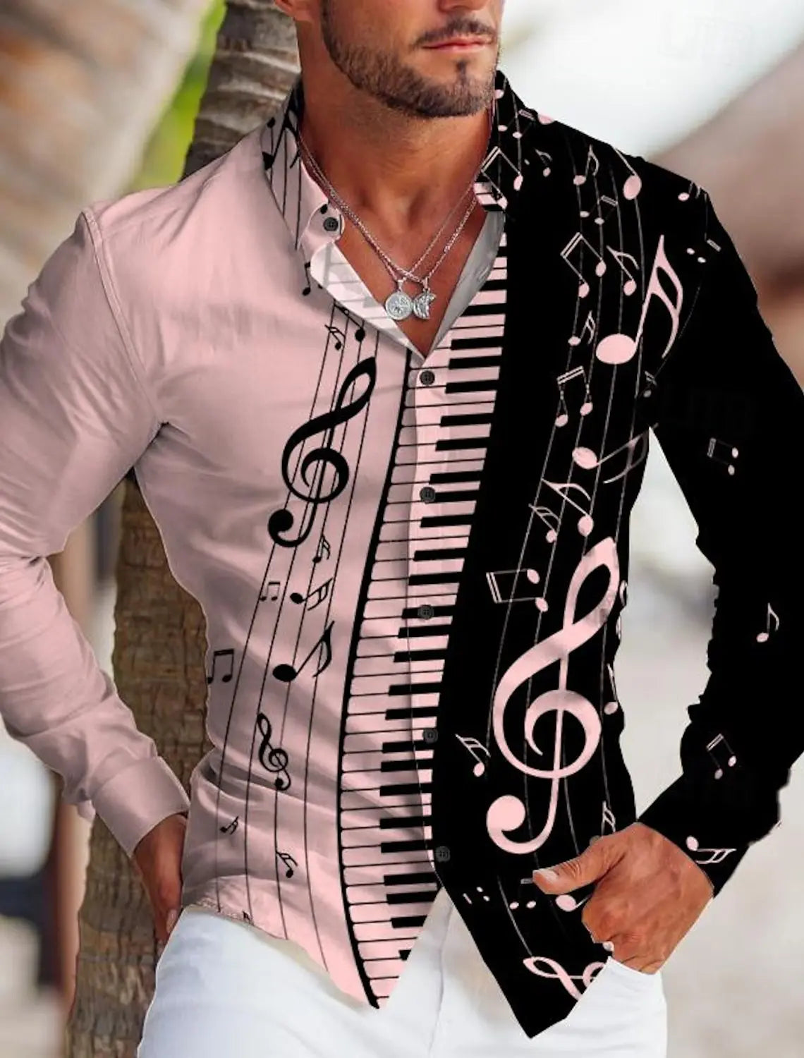 Men's Shirt Graphic Print Music Note Stand Collar