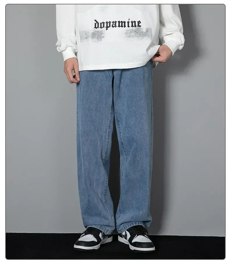 Male Comfort Korean Style Solid Color Loose Straight Wide Leg Casual Denim Long Pants