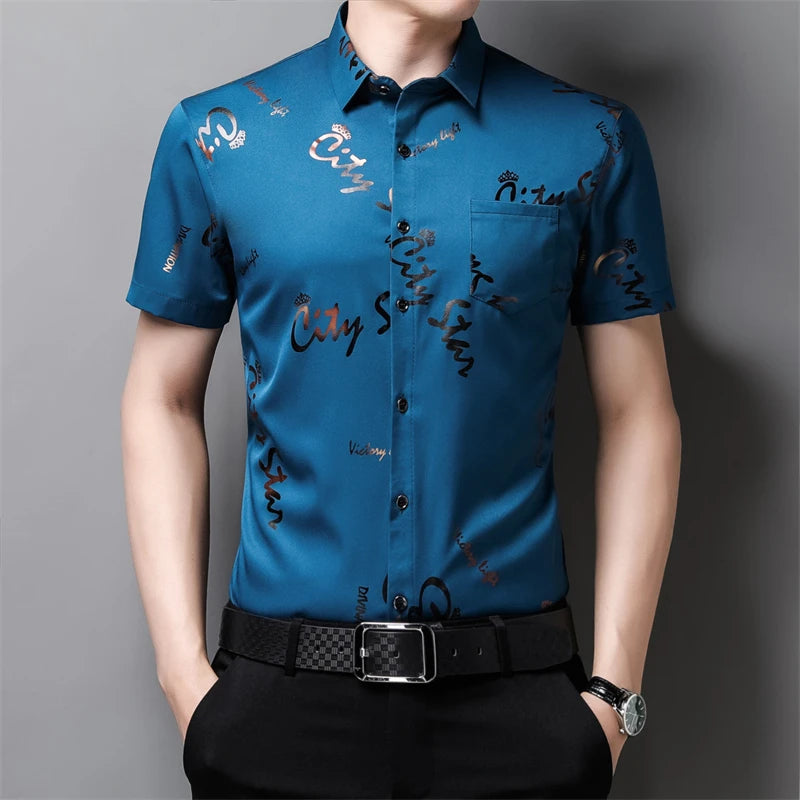 Men's Business Casual Short Sleeved Shirt No Iron and Wrinkle Resistant Top