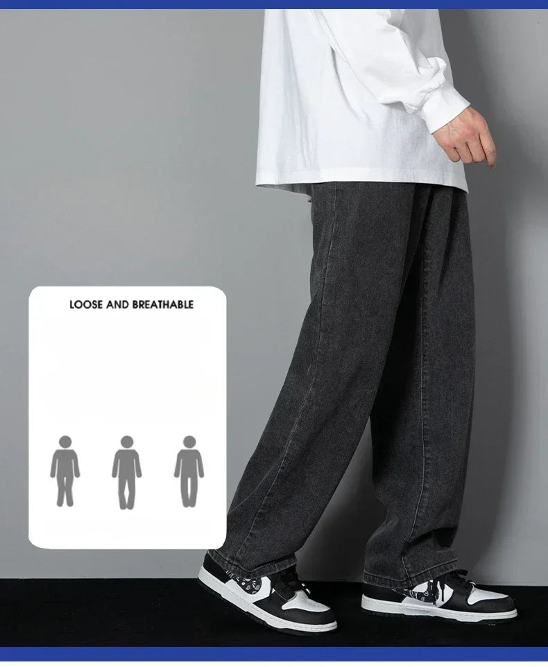 Male Comfort Korean Style Solid Color Loose Straight Wide Leg Casual Denim Long Pants