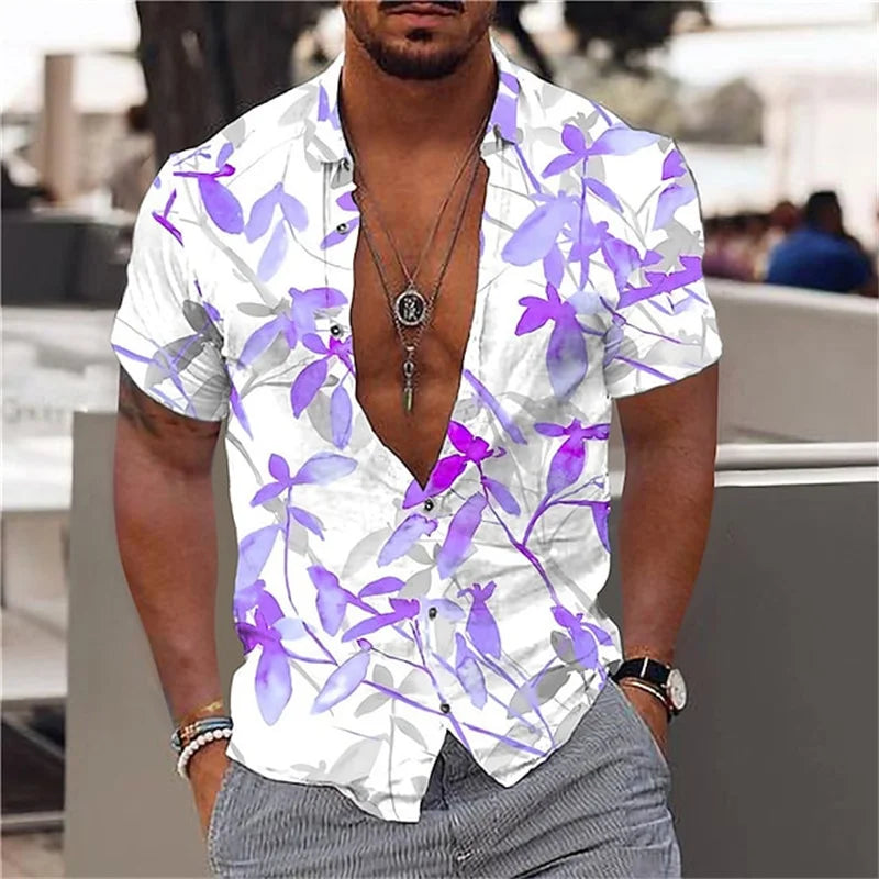Men's black and gold flower shirts Summer plant print lapel shirt