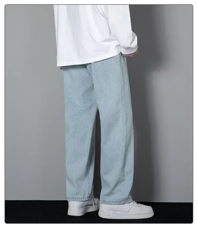 Male Comfort Korean Style Solid Color Loose Straight Wide Leg Casual Denim Long Pants