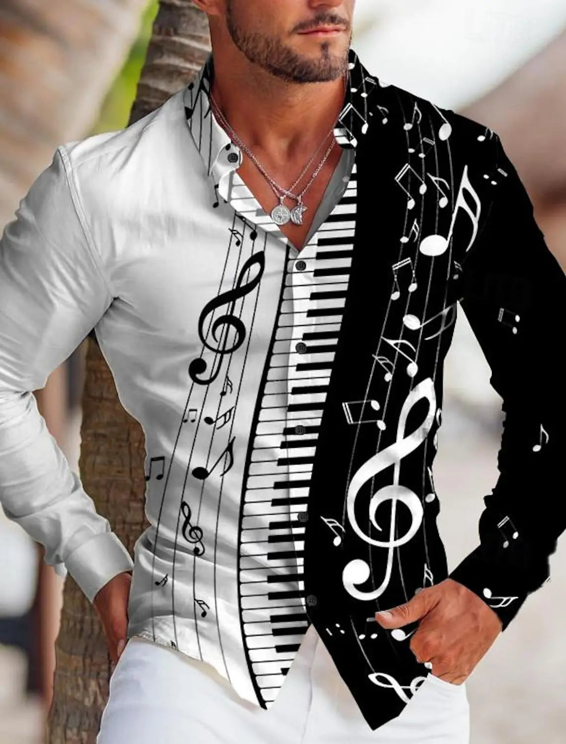 Men's Shirt Graphic Print Music Note Stand Collar