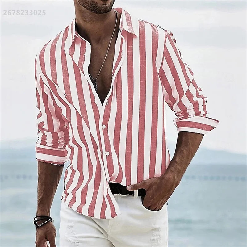 Men's long-sleeved blue striped 3D printed shirt
