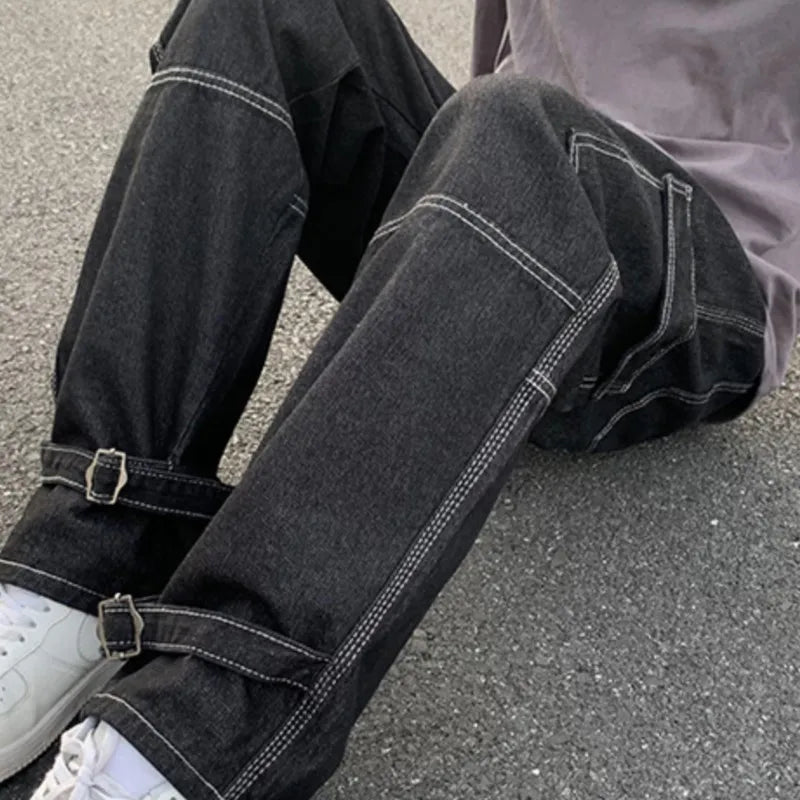 CargMen's Straight Baggy Denim Pants Streetwear Skateboard Pant Neutral Trousers
