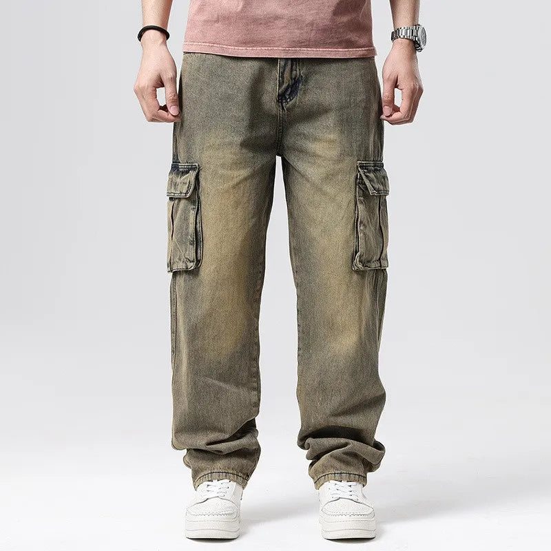 Men Denim Pants Straight Pocket Baggy Casual Streetwear Hip Hop Brand Blue Wide Leg Cargo Trousers