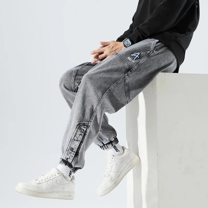 Korean Popular Clothes Jeans Casual Men Loose Fit Stretch Spandex Denim Jogger Pant