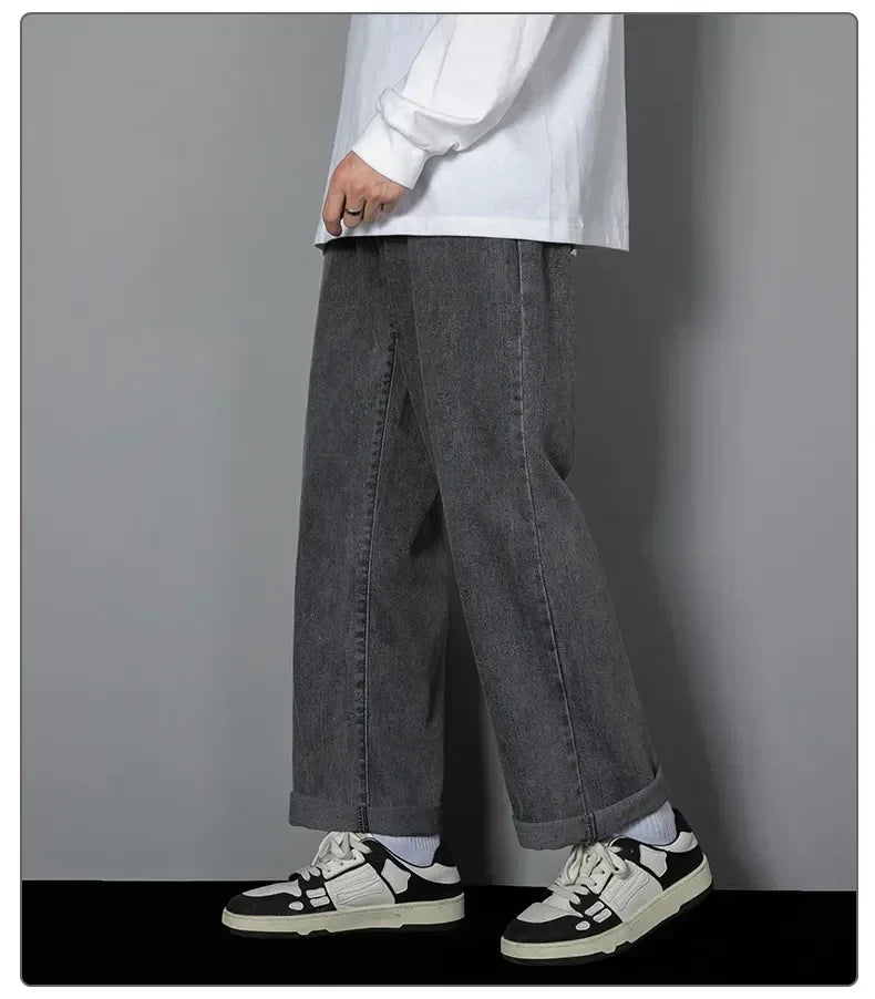 Male Comfort Korean Style Solid Color Loose Straight Wide Leg Casual Denim Long Pants