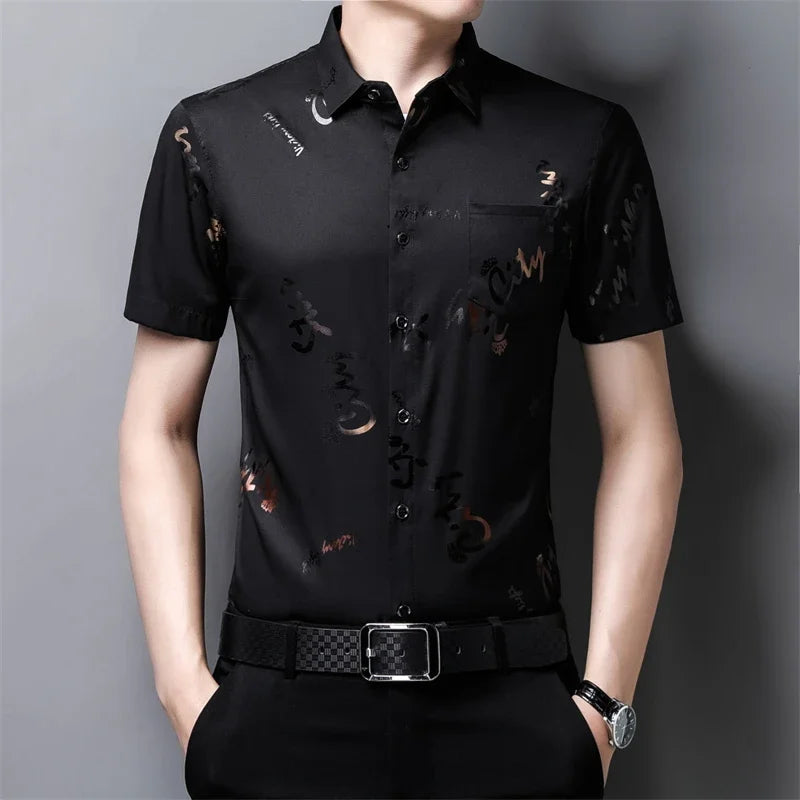 Men's Business Casual Short Sleeved Shirt No Iron and Wrinkle Resistant Top