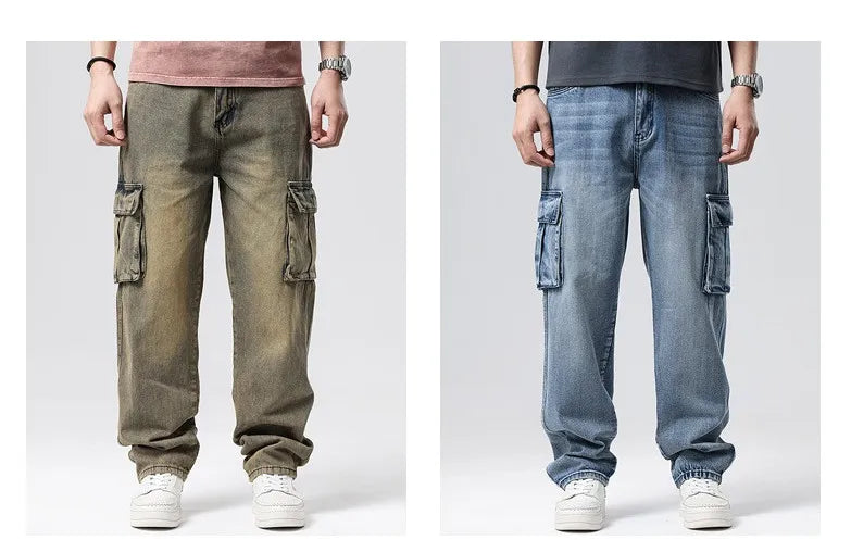 Men Denim Pants Straight Pocket Baggy Casual Streetwear Hip Hop Brand Blue Wide Leg Cargo Trousers