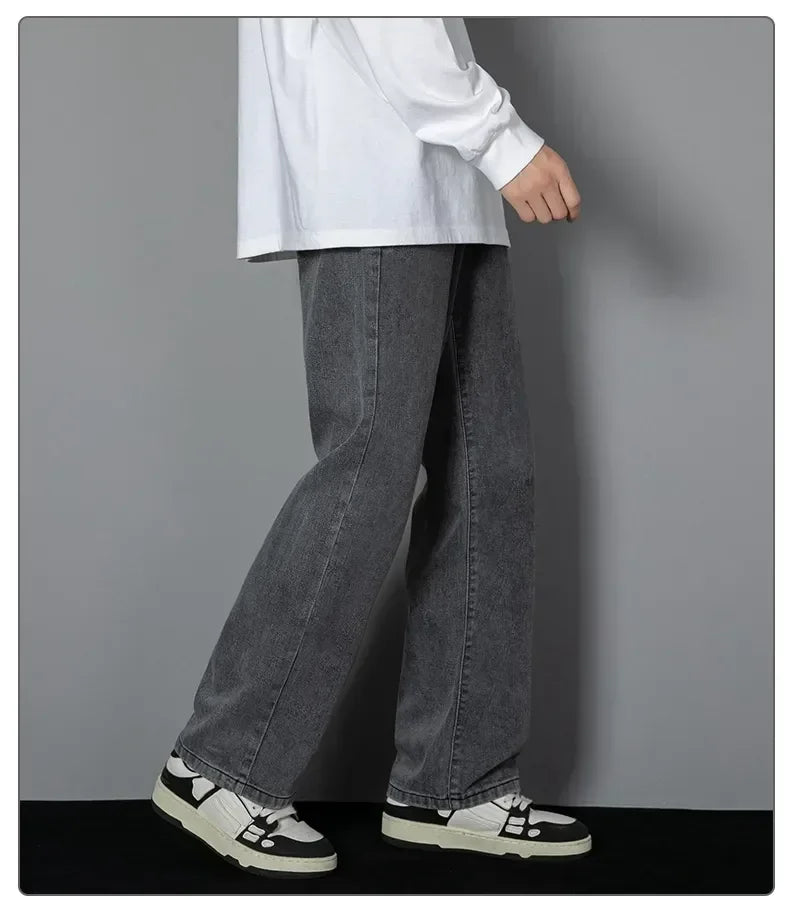 Male Comfort Korean Style Solid Color Loose Straight Wide Leg Casual Denim Long Pants