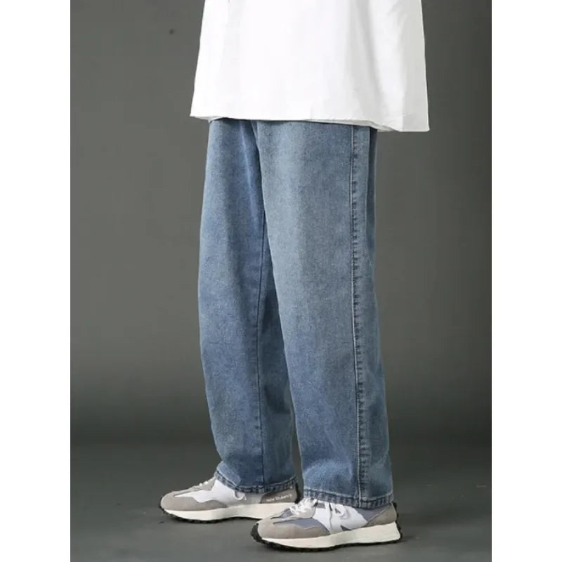 Male Comfort Korean Style Solid Color Loose Straight Wide Leg Casual Denim Long Pants