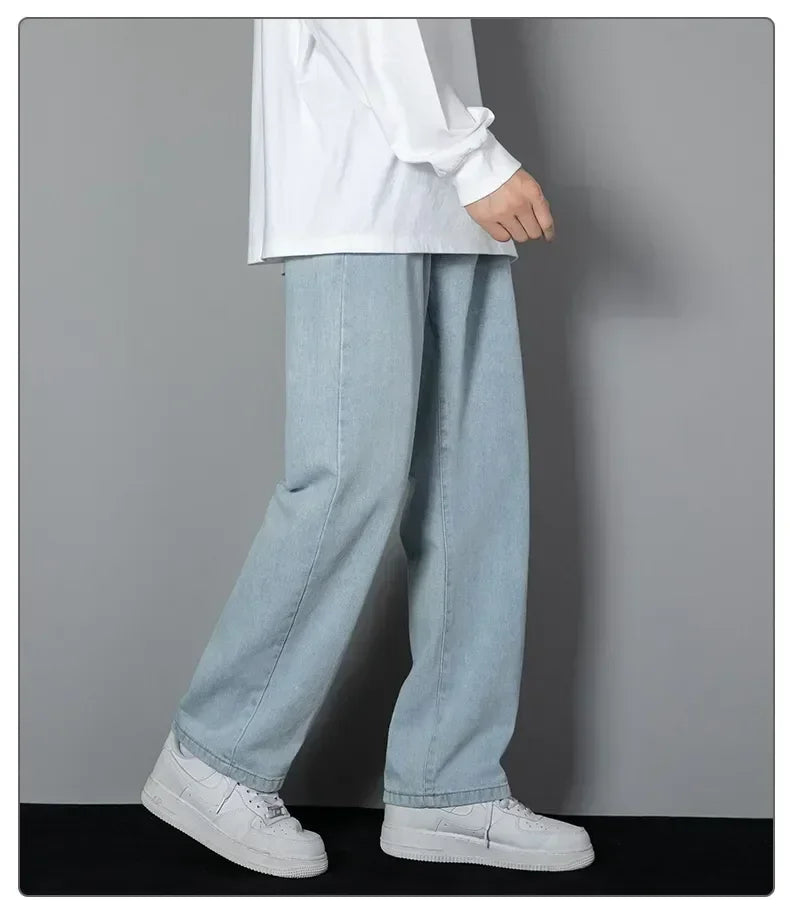 Male Comfort Korean Style Solid Color Loose Straight Wide Leg Casual Denim Long Pants