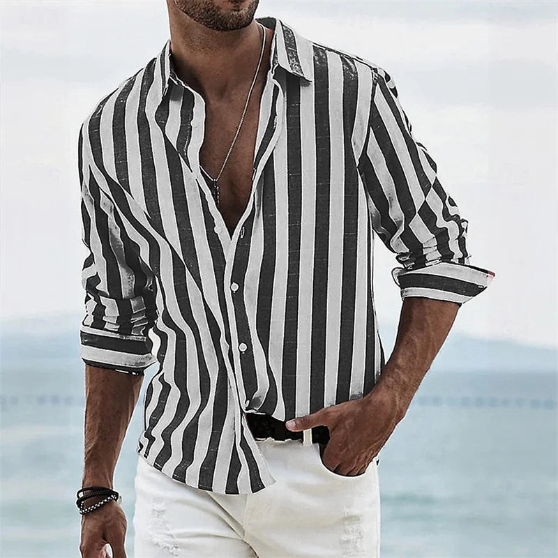 Men's long-sleeved blue striped 3D printed shirt