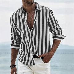 Men's long-sleeved blue striped 3D printed shirt