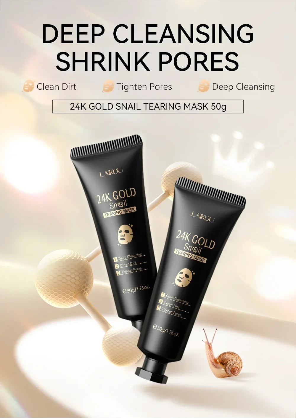 LAIKOU 24K Gold Snail Collagen Peel Off  Tearing Face Mask Deep Cleansing Remove Blackhead Face Care 50g