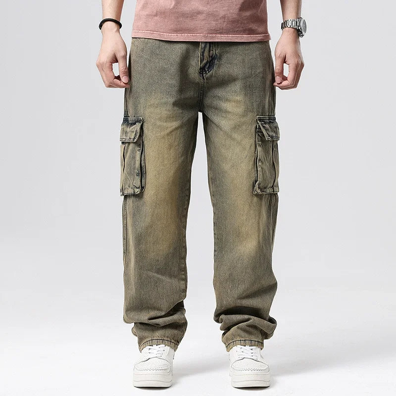 Men Denim Pants Straight Pocket Baggy Casual Streetwear Hip Hop Brand Blue Wide Leg Cargo Trousers