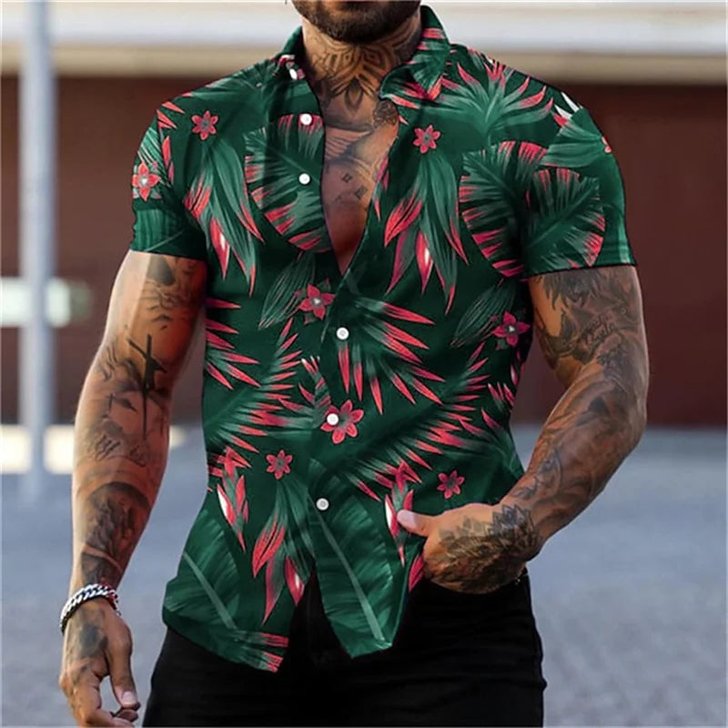 Men's black and gold flower shirts Summer plant print lapel shirt