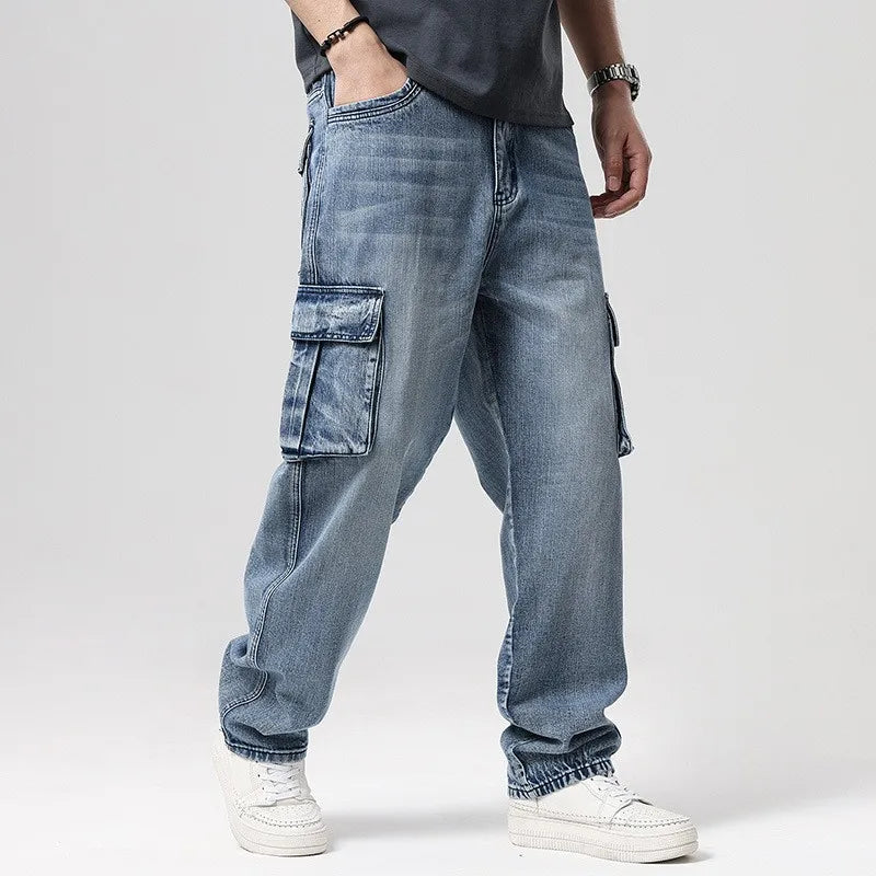 Men Denim Pants Straight Pocket Baggy Casual Streetwear Hip Hop Brand Blue Wide Leg Cargo Trousers
