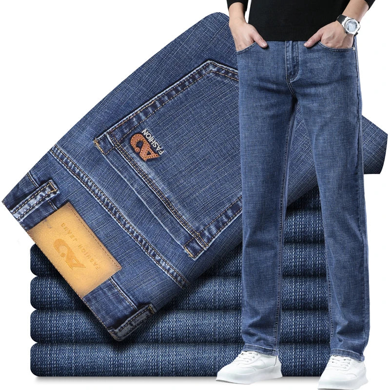 Men's Workwear Jeans Classic Stretch Fabrics Loose Straight-leg Trousers Casual All-match Denim Pants Male